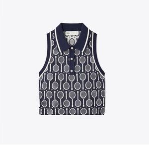 New Tory Burch Navy and White Tennis Racket Print Vest